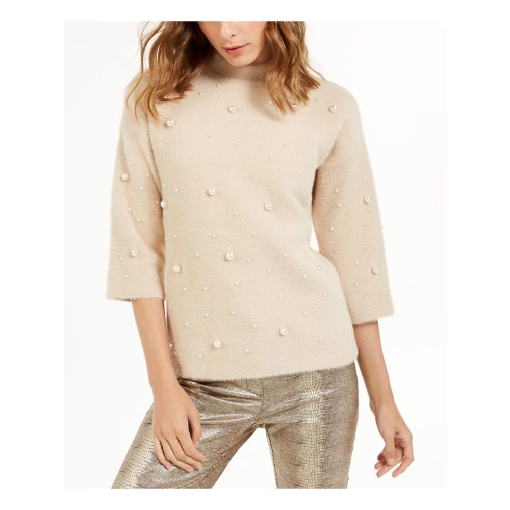 Alfani Women's Scattered Faux Pearl Sweater Brown Size Petite Medium